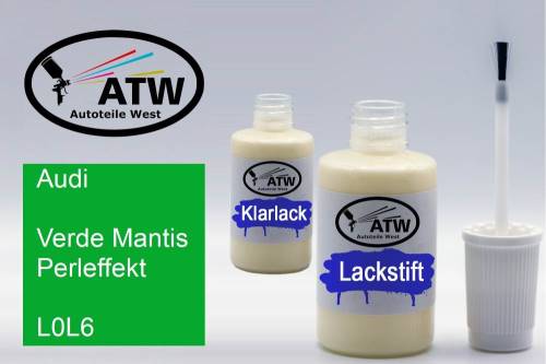 Audi, Verde Mantis Perleffekt, L0L6: 20ml Lackstift + 20ml Klarlack - Set, von ATW Autoteile West.